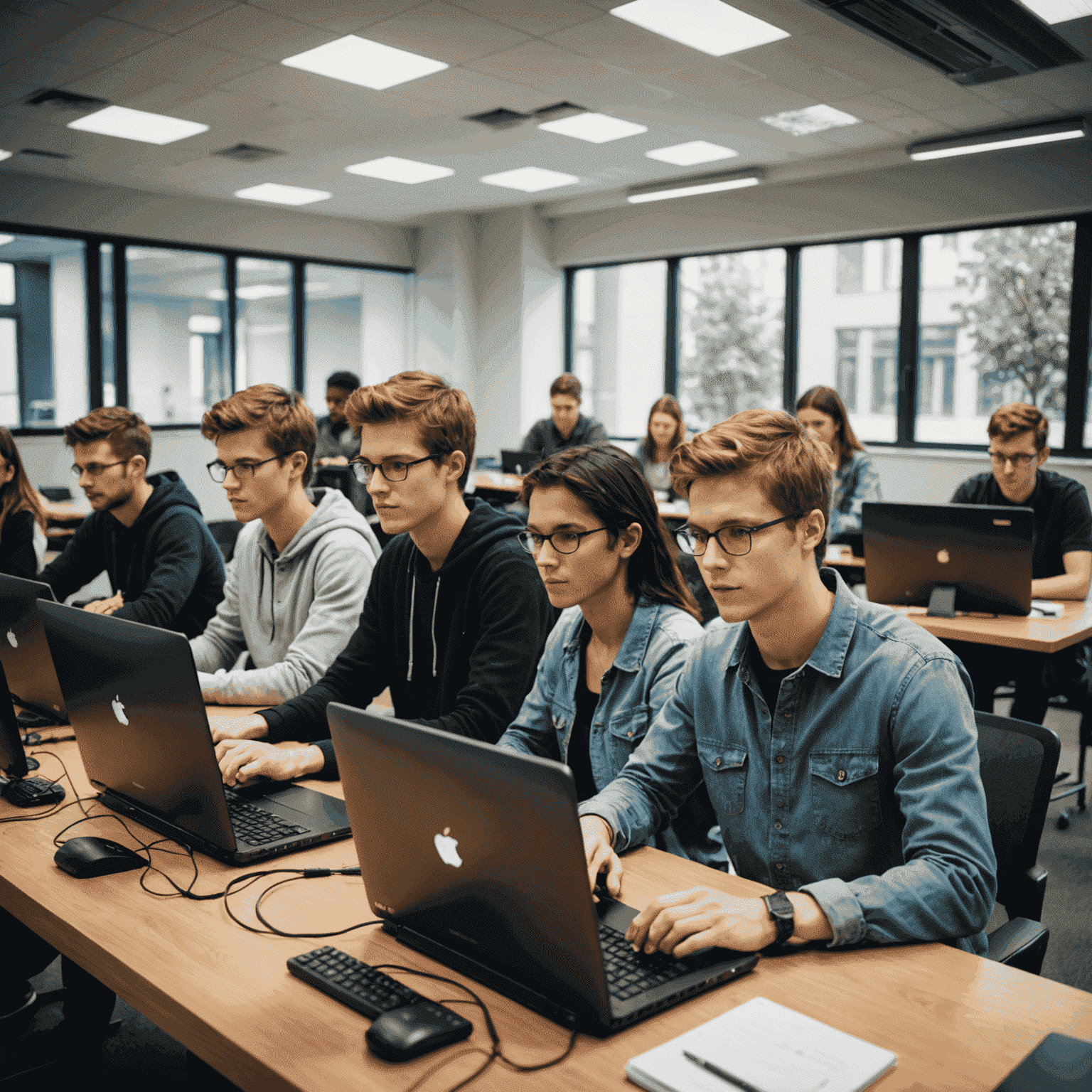 Estudiantes participando en un curso de programación, trabajando en computadoras en un ambiente moderno y colaborativo