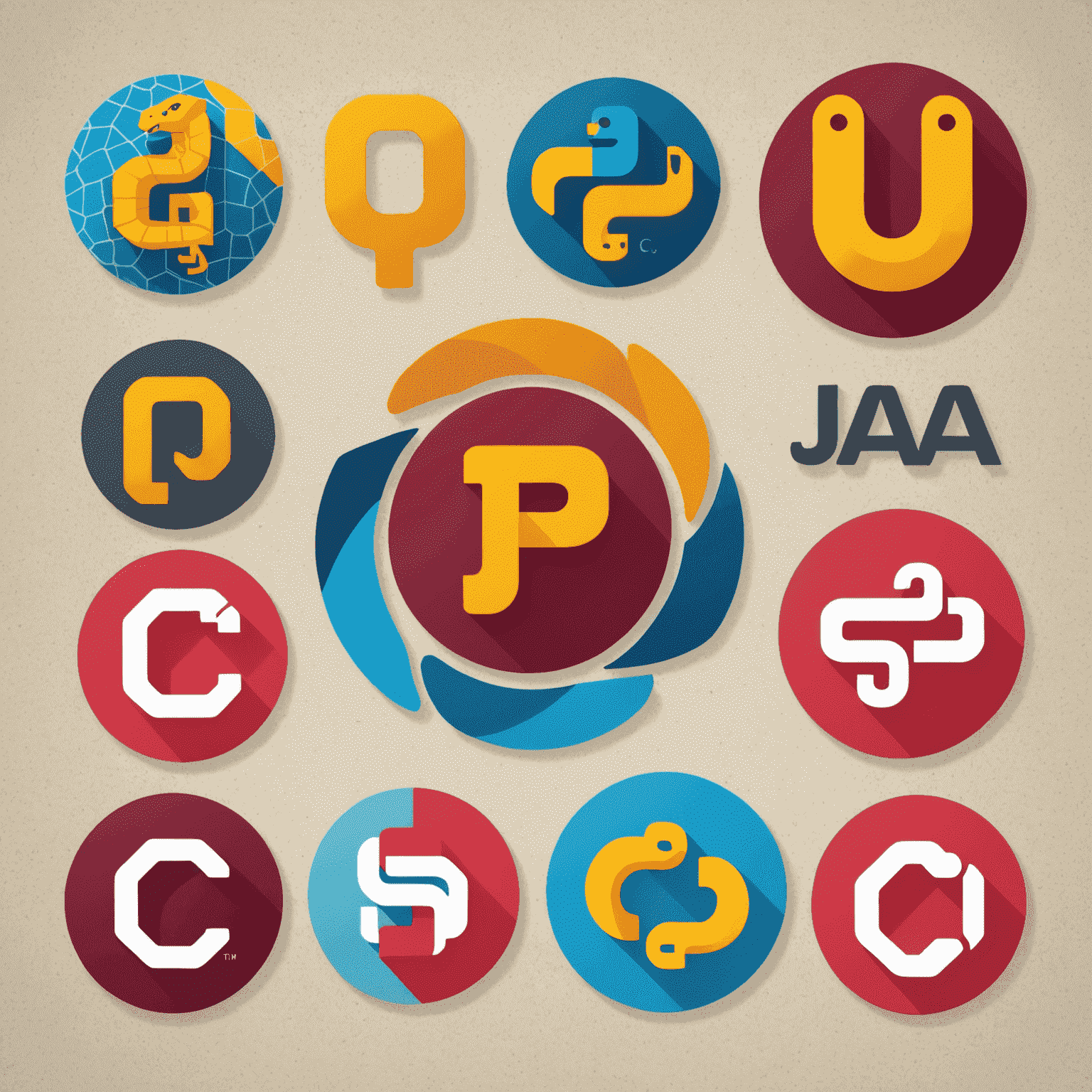 Collage de logos de lenguajes de programación populares: Python, JavaScript, Java, C++, y Ruby