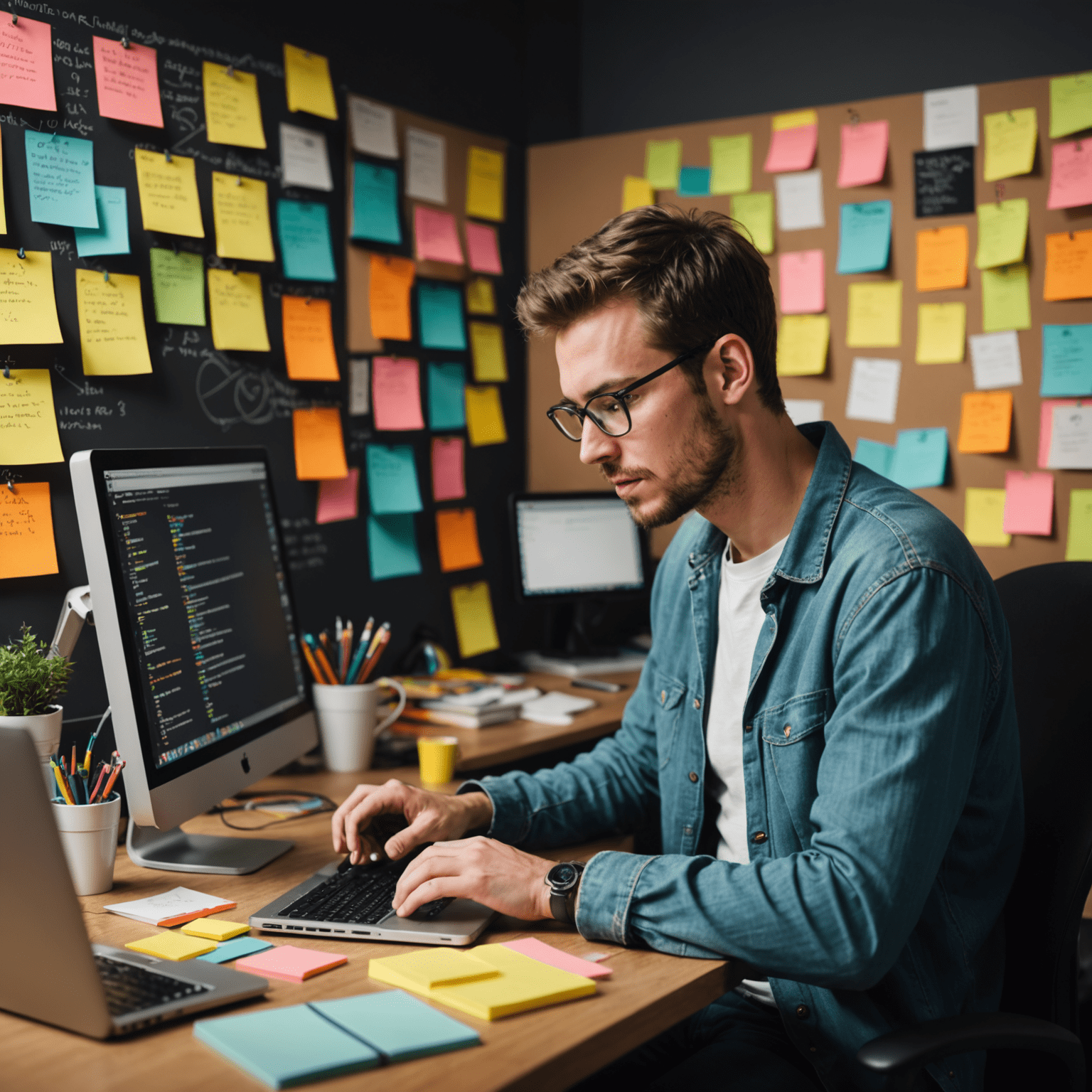 Imagen de un desarrollador web trabajando en su computadora, rodeado de libros de programación y notas adhesivas con códigos