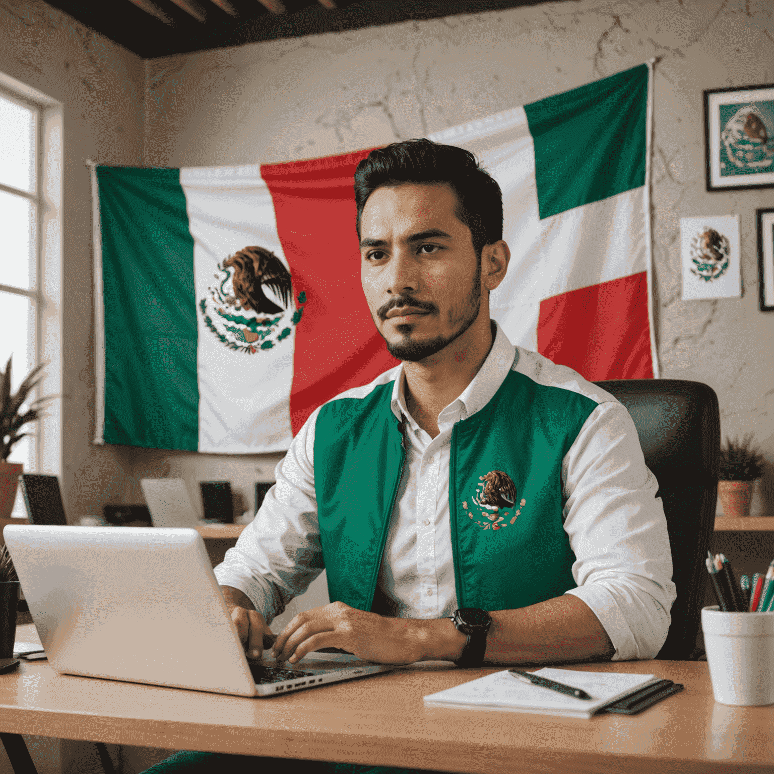 Profesional mexicano trabajando remotamente en su computadora, con la bandera de México y símbolos de tecnología en el fondo