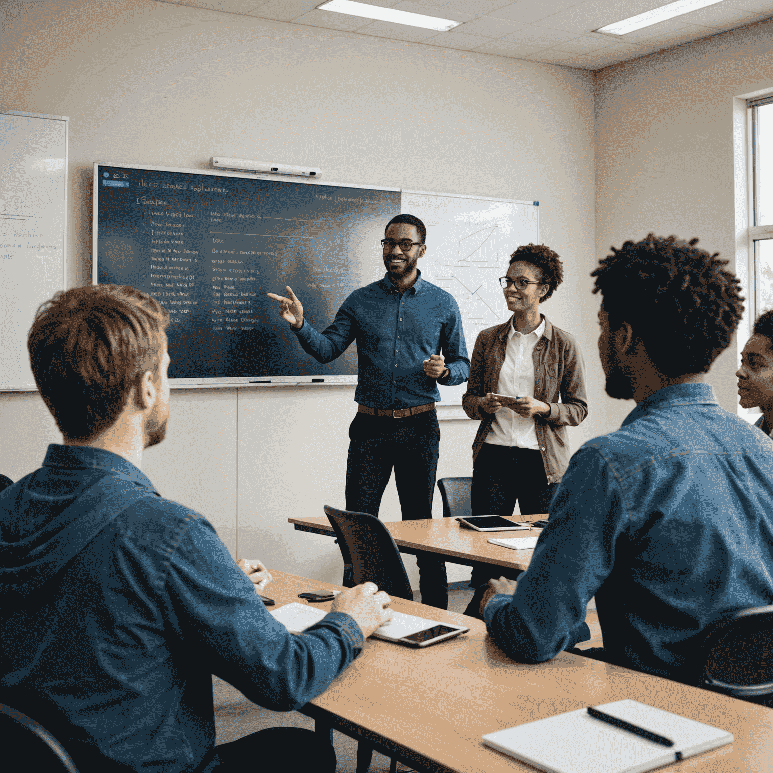 Instructor explicando código en una pizarra interactiva a un grupo diverso de estudiantes en un aula moderna