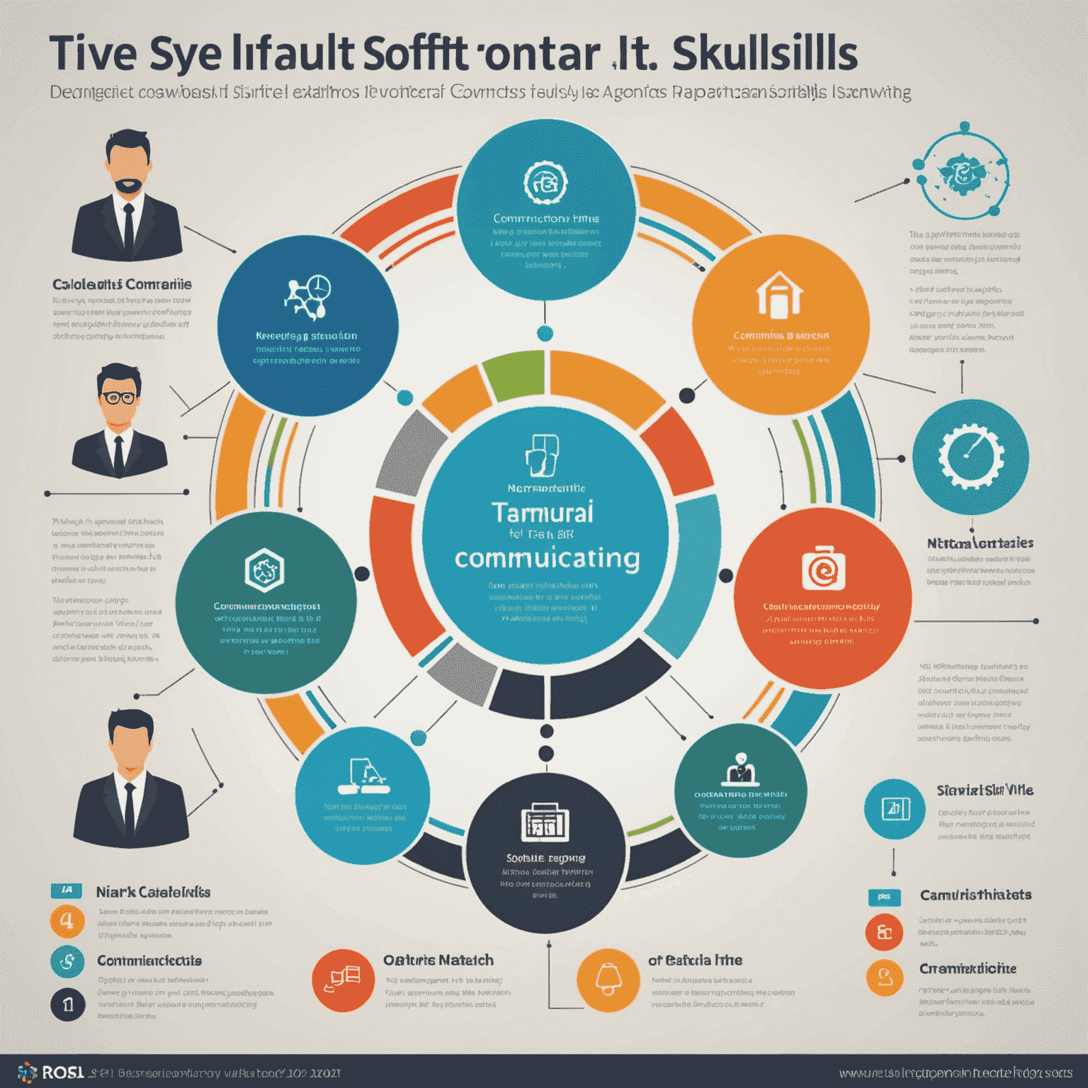 Infografía que muestra las cinco habilidades blandas clave para profesionales de TI: comunicación, trabajo en equipo, resolución de problemas, adaptabilidad y gestión del tiempo