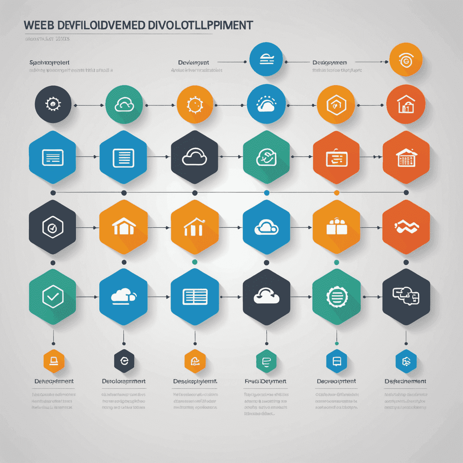 Imagen que muestra una línea de tiempo visual con iconos que representan las etapas del desarrollo web, desde HTML básico hasta frameworks avanzados y despliegue en la nube.